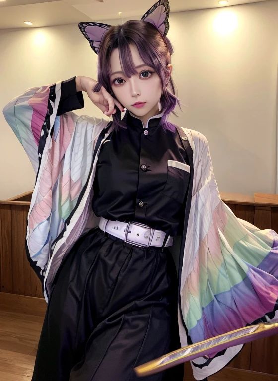 masterpiece, Highest quality, High resolution, One person, alone, kochou shinobu, Butterfly Hair Ornament, Purple eyes, Multicolored Hair, short hair, Parted bangs, Haori, Wide sleeves, Long sleeve, Black trousers, Black jacket, belt, Cowboy Shot, Have a weapon, sword