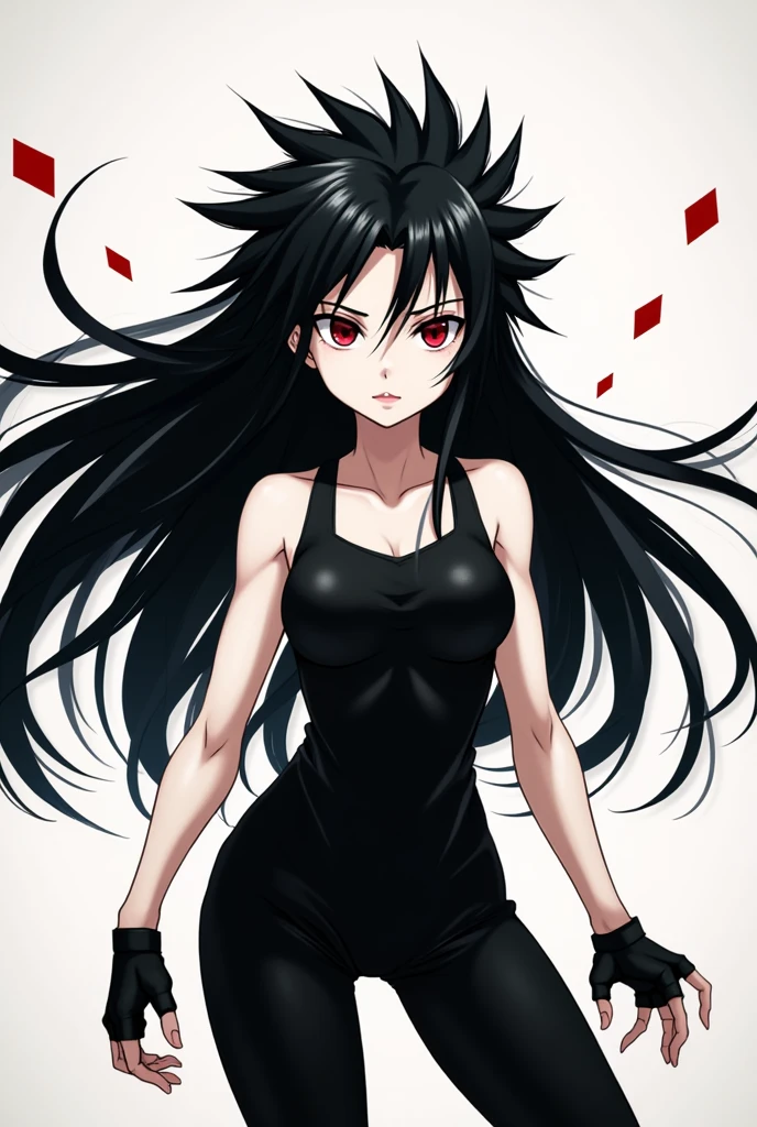 Child girl anime with very spiky black long hair behind in spades and eyes red,her clothes is black she have personality agressive,and physical athletic,no breast she have white skin INTJ 8w7