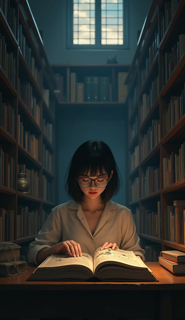 Dim, ambient lighting with shadowy corners, university library bookshelves filled with books, an Asian short black hair woman wearing glasses sitting behind a desk, The ancient tome with mysterious symbols and unsettling illustrations, late evening, twilight sun