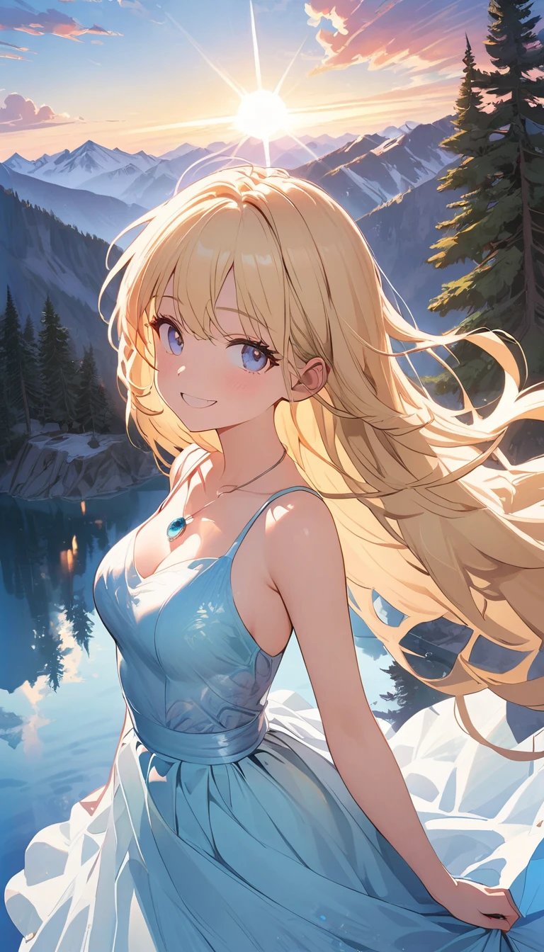 1 person, Happy expression, Attractive eyes, Straight Long Hair, Flowing skirt, big, Gaze at the sun, Calm posture, Porcelain-like skin, A faint blush, Crystal Pendant BREAK Golden Hour, (Edge lighting): 1.2, Cool colors, Solar flare, Soft Shadows, Bright colors, Paint Effects, Great atmosphere Rest Beautiful lake, Distant Mountain々, pine tree, Summit, reflection, Sunlit clouds, Quiet atmosphere, Idyllic sunrise, Super detailed, Official Art, Unified 8k wallpaper, Tangled, Mandala
