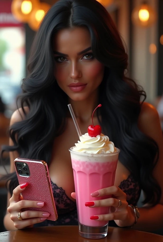 She is a long-haired, black-haired gal from America.、The hair is neatly curled。She has an hourglass figure and a very large chest and butt.、The lines of the body are beautiful、I'm wearing stylish clothes。She looks like a foreign gal.。His eyes are sharp, but、No ear piercings。Makeup is flashy。Eyeshadow with cut crease、Beautiful cheekbones too。Her nails are just like a gal's!I have long nails like that.。It's quite long。About 10 centimeters。Long and beautiful hands。Smartphone in one handを持っていてスマホのカバーはピンクのラインストーン。Drinking a Frappuccino at the cafe。Smartphone in one hand、With a lot of whipped cream on one hand、It's a pink Frappuccino with a cherry on top.。And he's glaring at me。
Heavy makeup, High resolution, One person, Textured skin,Anatomically correct, 3D Rendering,