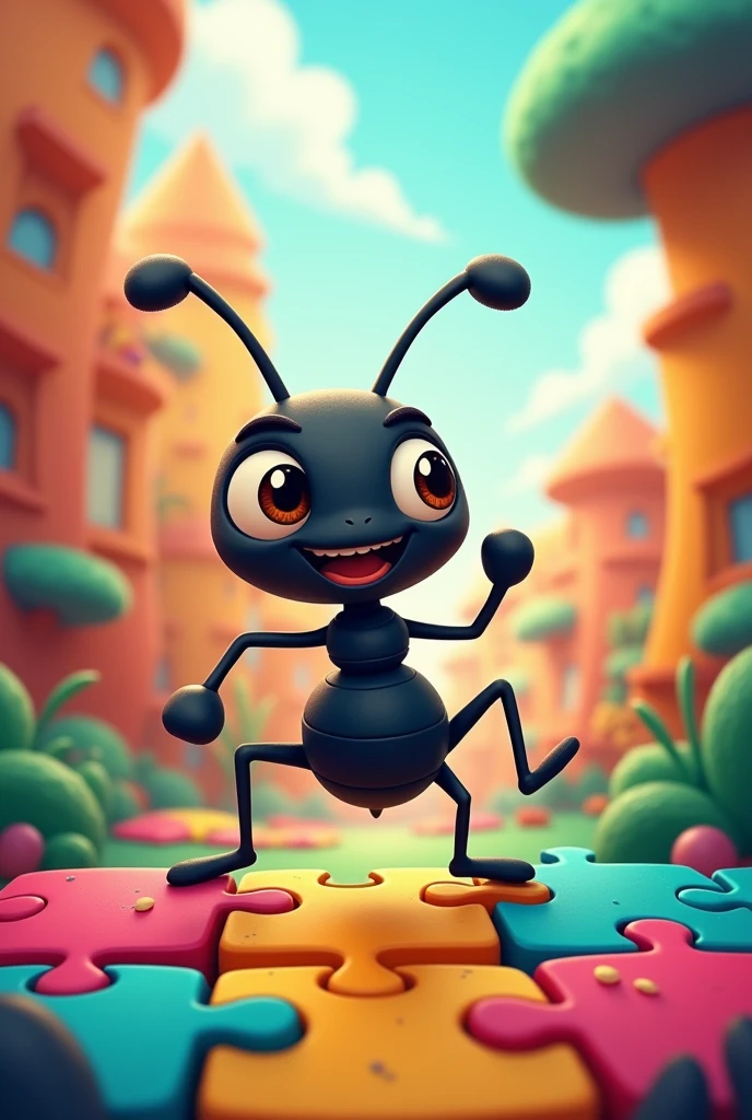 Black happy ant, find the way puzzle, cartoon

