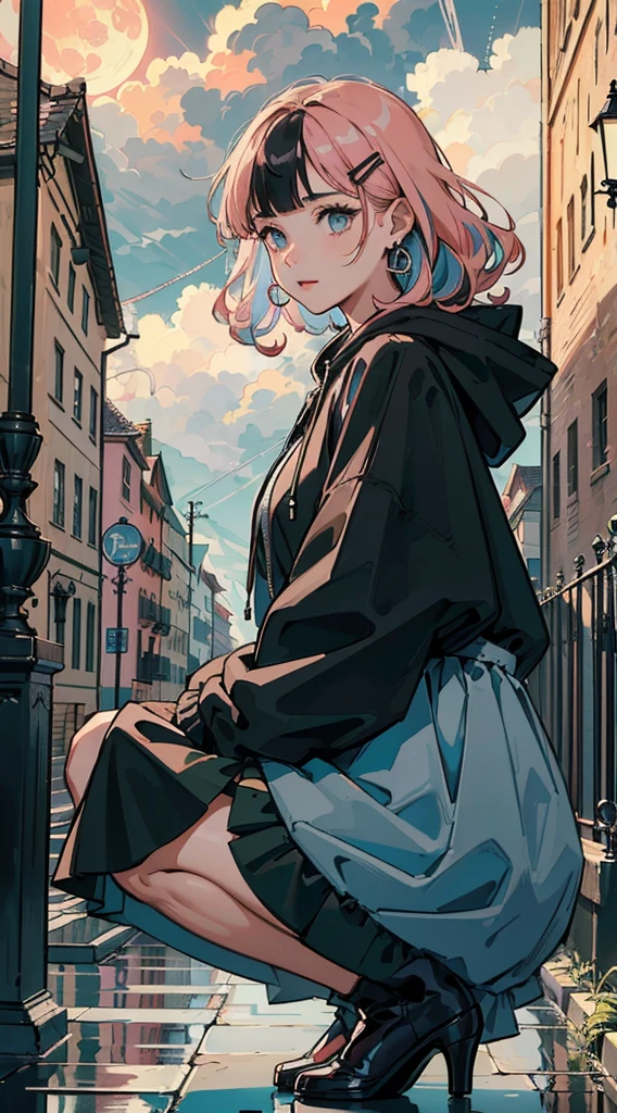 ((((frills,large black hoodie，rainstorm,))))((hands in pockets,squatting,))(Masterpiece illustration,Beautiful and aesthetic:1.2,head up,aim to sky), Best quality,Top quality, Epic quality,((((park,in the romanesque architecture streets ，in the baroque architecture   ,outdoor,cloudy,))))(moonlight,moon glare, god light, shot,focus on face,))Neat face,,mature,Beautiful detailed hair，pink hair，hyper HD, retinas, Textured skin, A high resolution, 16k ，((hairclip,blunt bangs,sidelocks,middle hair，natural curly hair)),Detailed face, 1JK, lady,Solo, Perfect face, Very amazing girl,((covered by thin translucent cloth,skindentation,high waist skirt,black streaked blue coat,large cloak,metal earrings,spiral earrings)),rim-light