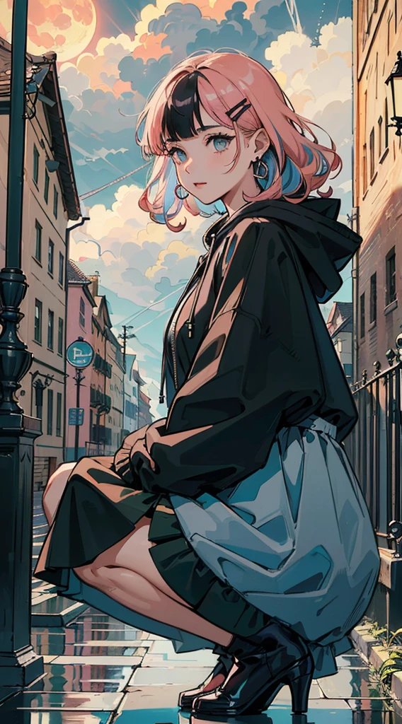 ((((frills,large black hoodie，rainstorm,))))((hands in pockets,squatting,))(Masterpiece illustration,Beautiful and aesthetic:1.2,head up,aim to sky), Best quality,Top quality, Epic quality,((((park,in the romanesque architecture streets ，in the baroque architecture   ,outdoor,cloudy,))))(moonlight,moon glare, god light, shot,focus on face,))Neat face,,mature,Beautiful detailed hair，pink hair，hyper HD, retinas, Textured skin, A high resolution, 16k ，((hairclip,blunt bangs,sidelocks,middle hair，natural curly hair)),Detailed face, 1JK, lady,Solo, Perfect face, Very amazing girl,((covered by thin translucent cloth,skindentation,high waist skirt,black streaked blue coat,large cloak,metal earrings,spiral earrings)),rim-light