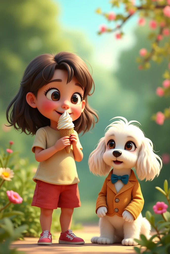 Make a picture of a girl eating ice cream with a dog in a Maltese suit