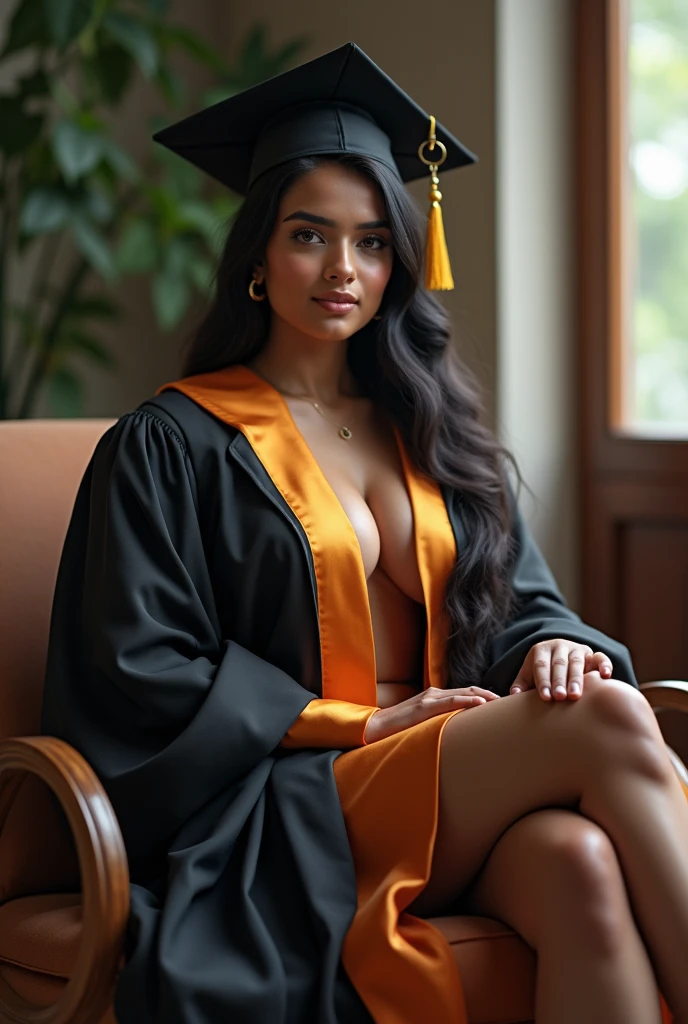 Wearing Academic regalia average wealthy sri lankan beautiful girl(hot big chest breasts and butt) sit in chair