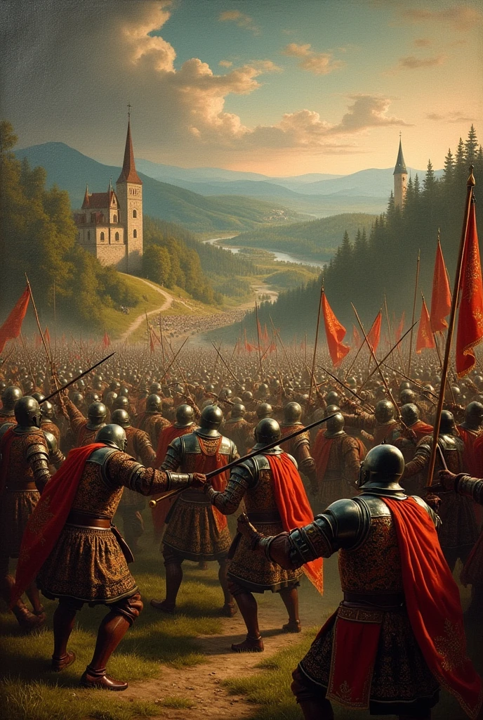 a medieval painting of a battlefield at war, medieval art/rococó