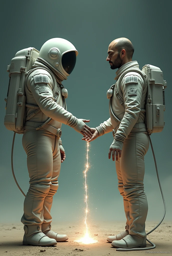 an image of two time travelers, one dressed in a full astronaut suit and the other with the damaged suit. they would be trying to touch each other like the painting "Adam's creation" only one upside down and the other standing up and between their fingers there would be a trembling line