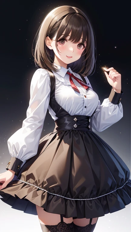 anegasaki nene、Shiny brown hair, short hair, (Beautiful brown eyes、Sparkling eyes, Fine grain)、smile、Ultra-detailed eyes、Highly detailed face, Highly detailed eyes,Cowboy Shot、
ta Dress, Petticoat Gothicta Aesthetics,
Very long eyelashes, White Background, Very dramatic and cinematic lighting, Tattered old red and white clothes, full body, whole body, body, ((Browsing Caution))