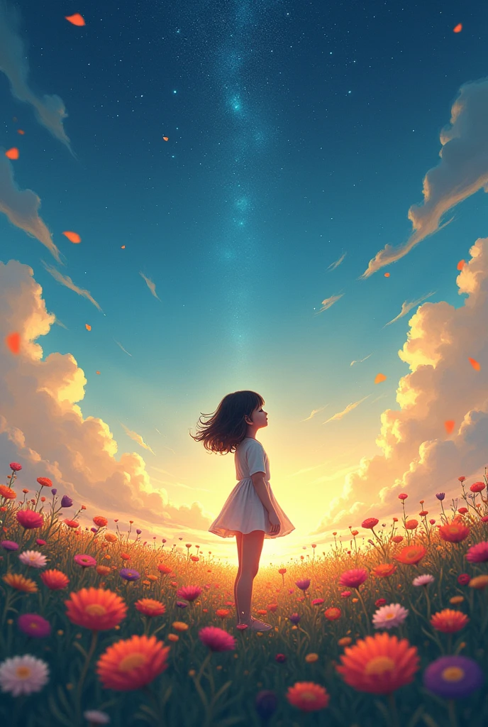 There is a girl parado em um campo de flores looking up at the sky, a girl parado em um campo de flores, uma garota andando em um campo de flores, lost in a dreamy wonderland, parado em um campo de flores, fantastic digital painting, the sky gradually brightens, the starry sky gradually recedes