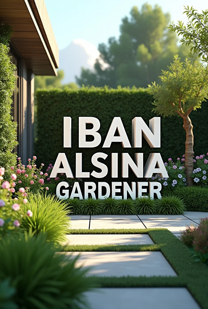 Real image of a modern garden with a 3D text that says Iban Alsina Gardener in capital letters