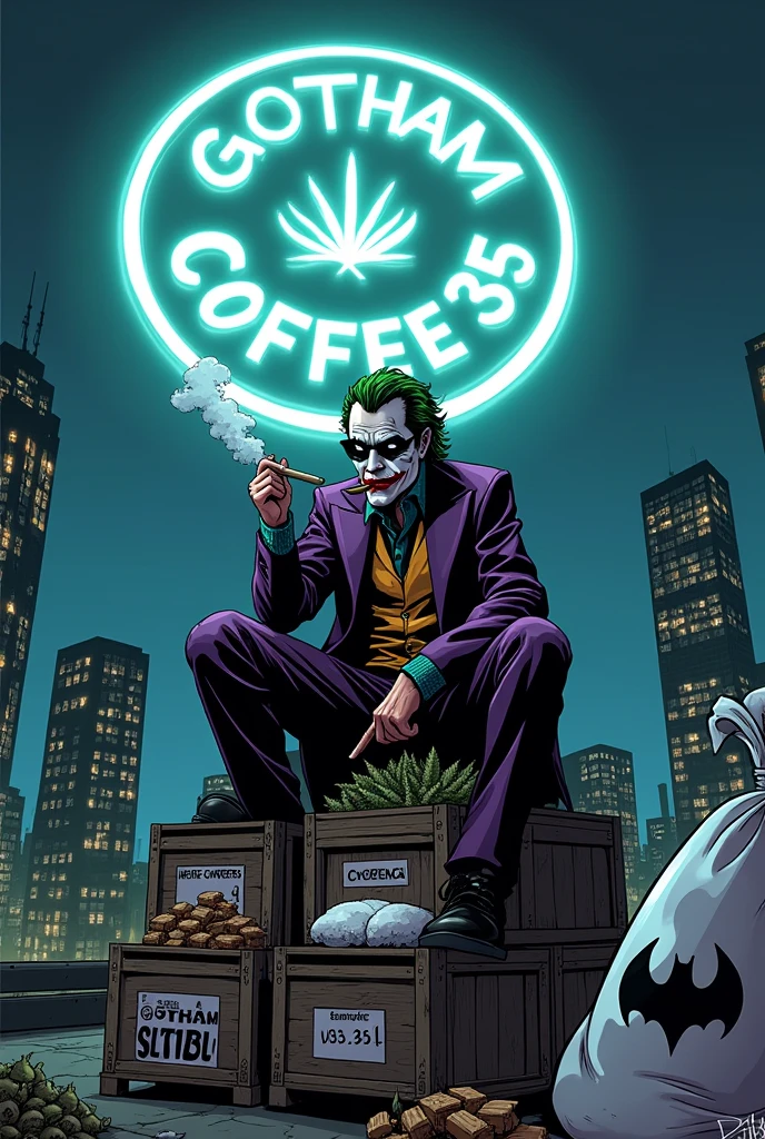 gotham city la nuit ou il y'a le Joker qui fume une cigarette blanche avec les yeux rouges sur un toit assis sur une boite ou il y'a ecrit dessus Moula Weed et dans le ciel une projection ou il y'a ecrit Gotham Coffee avec une feuille de cannabis en blanc entouré d'un rond en cartoon