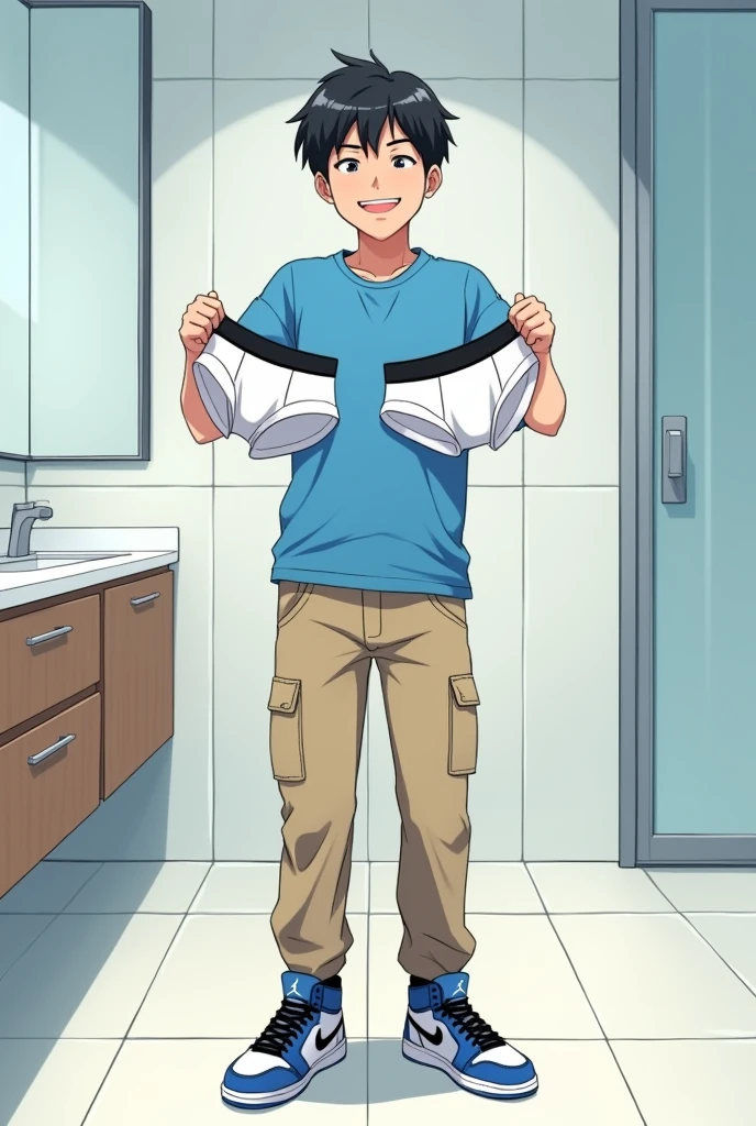 into the image, a cool teenager , with white skin and straight black hair, is posing in a bathroom. He wears a blue t-shirt and beige cargo pants., complemented by a pair of Air Jordan sneakers in blue, black andwhite. The young man is holding only a pair of underwear (of the boxer model), this underwear is white (the size that the teenager uses) with both hands, displaying it to the "Camera", with a happy and relieved expression. The bathroom in the background is modern and minimalist., with details like a large mirror and light tiles. The teenager's expression is relaxed and fun, besides him appearing relieved, giving a casual and informal tone to the image, In anime style, ele segura apenas uma cueca of the boxer model do tamanho que esse adolescente usaria!