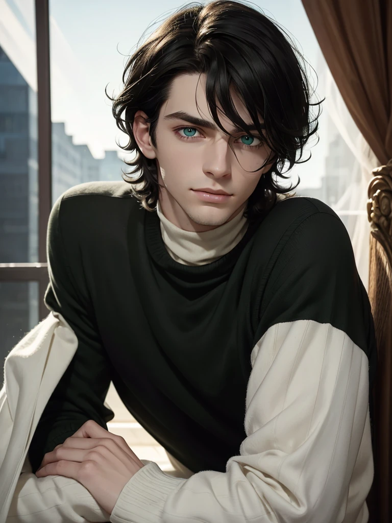 (best quality), 1boy, pale skin, black hair, medium hair, curtain hair, tousled hair, green eyes, perfect eyes, dark circles under eyes, handsome, light smile, attractive, turtleneck sweater, masterpiece, anatomically correct, highres