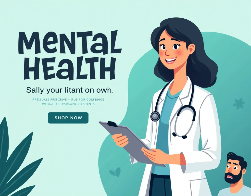 Create an image designed to promote mental health awareness. On the right side of the image, depict a caring female doctor in a white coat, smiling and holding a clipboard. Next to her, in large bold text, write 'Mental Health' and below it in smaller text, add 'How to Improve Your Well-being.' On the far right side, include an image of a man who appears stressed or anxious, representing someone struggling with mental health. Use calming colors like blue and green to give the image a soothing feel."