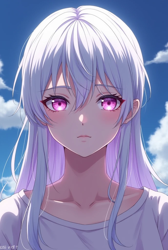 A BOY MALE GENDER,white hair,pink eyes,white eyelashes and eyebrows,with a calm, relaxed and calm expression,light skin tone,very beautiful,straight but long hair and violet highlights,that their eyes are more closed like the Hunter&#39;s eyes,all this in the drawing style of ONE PIECE