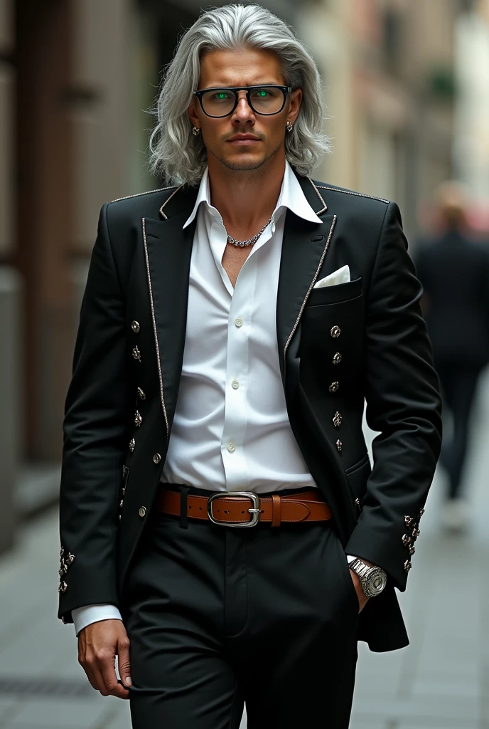 Tall Man, medium length silver hair in locks, custom glasses, a fit body, a white shirt tight to his body, over a black jacket with accessories and small chains, long black pants and around a brown belt and white personalized shoes, Bright emerald green eyes with a penetrating gaze 