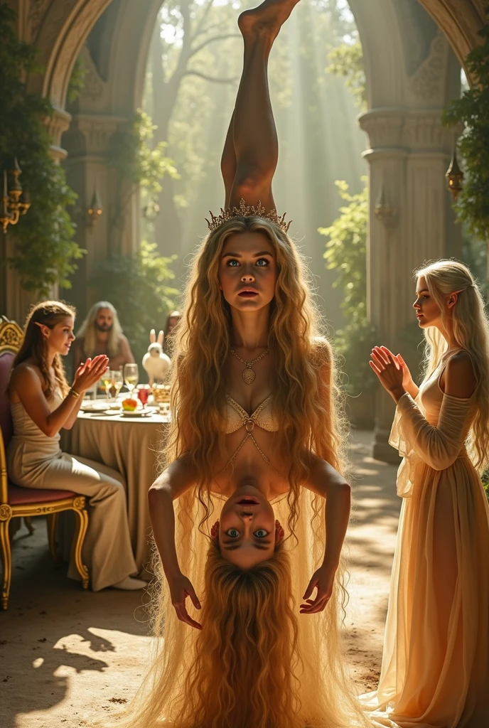 "A full-body shot of a realistic fairytale scene in a magical palace in a beautiful magical forrest, bathed in sunlighting."Beautiful pastel colour pallette. "A fairy queen 1 with realistic striking big blue eyes with eye makeup and a serious, direct gaze at the camera" "golden extra long hair, doing hand stand with a careless expression, wearing a thin blue/green dress, sits in a thin white gold thrown." Her rose-gold delicade fairy-crown, is hanging by the ends of her hair 1:1. A Fairy queen 2 with golden-brown long curly hair in a thin light blue dress is standing by clapping her hands, looking at fairy queen1 with staring thorough detaled blue bright eyes and shocked look with open mouth, perfect shaped pearly white teeth and pursed lips. Singing fairy3 with a long white hair in a sheer golden wet transparent dress outfit, big breasts, thin waist, big butt, looks provocative with her mouth almost sedusive at fairy queen 2 laughing""The lighting is natural and bright, highlighting their features and casting a soft glow around their hair, creating a high-contrast effect that emphasizes the subject's presence. " "Elf king is sitting on a royal chair in a elfie chlothes." "A white rapid sits in on a decorative dining table1:1" "while a rainbow colored bird perches on the top of the thin royal thrown". The scene includes a messy fairy queens in a beautiful and magical forrest palace. "The vast environment paints a magical but weird admosphere". Perfect human female body. Best hands 1:1, super realistic hair 1:1, hyper realistic eyes 1:1, extra detailed delicate moist skin, most detaled and realistic face 1:1. A realistic stage with thorough details and clear focus on the queens. Perfect feet, hands and arms and legs and toes. Not to many arms or legs.