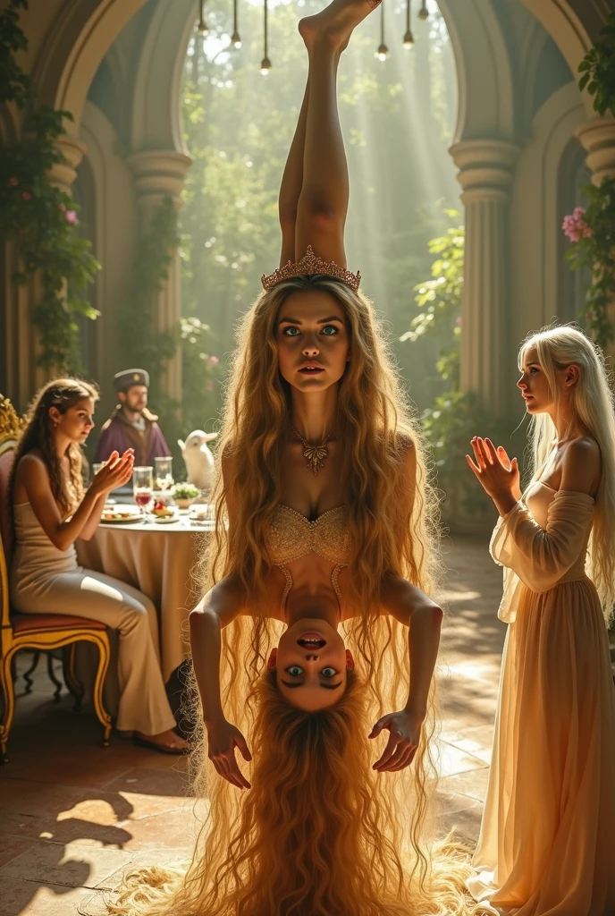 "A full-body shot of a realistic fairytale scene in a magical palace in a beautiful magical forrest, bathed in sunlighting."Beautiful pastel colour pallette. "A fairy queen 1 with realistic striking big blue eyes with eye makeup and a serious, direct gaze at the camera" "golden extra long hair, doing hand stand with a careless expression, wearing a thin blue/green dress, sits in a thin white gold thrown." Her rose-gold delicade fairy-crown, is hanging by the ends of her hair 1:1. A Fairy queen 2 with golden-brown long curly hair in a thin light blue dress is standing by clapping her hands, looking at fairy queen1 with staring thorough detaled blue bright eyes and shocked look with open mouth, perfect shaped pearly white teeth and pursed lips. Singing fairy3 with a long white hair in a sheer golden wet transparent dress outfit, big breasts, thin waist, big butt, looks provocative with her mouth almost sedusive at fairy queen 2 laughing""The lighting is natural and bright, highlighting their features and casting a soft glow around their hair, creating a high-contrast effect that emphasizes the subject's presence. " "Elf king is sitting on a royal chair in a elfie chlothes." "A white rapid sits in on a decorative dining table1:1" "while a rainbow colored bird perches on the top of the thin royal thrown". The scene includes a messy fairy queens in a beautiful and magical forrest palace. "The vast environment paints a magical but weird admosphere". Perfect human female body. Best hands 1:1, super realistic hair 1:1, hyper realistic eyes 1:1, extra detailed delicate moist skin, most detaled and realistic face 1:1. A realistic stage with thorough details and clear focus on the queens. Perfect feet, hands and arms and legs and toes. Not to many arms or legs. 