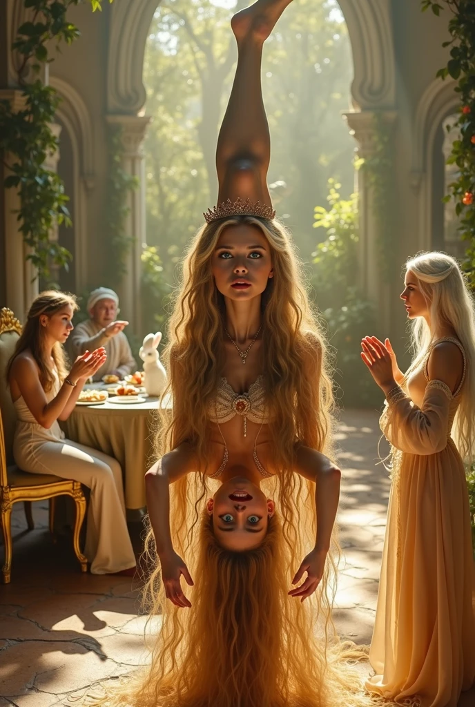"A full-body shot of a realistic fairytale scene in a magical palace in a beautiful magical forrest, bathed in sunlighting."Beautiful pastel colour pallette. "A fairy queen 1 with realistic striking big blue eyes with eye makeup and a serious, direct gaze at the camera" "golden extra long hair, doing hand stand with a careless expression, wearing a thin blue/green dress, sits in a thin white gold thrown." Her rose-gold delicade fairy-crown, is hanging by the ends of her hair 1:1. A Fairy queen 2 with golden-brown long curly hair in a thin light blue dress is standing by clapping her hands, looking at fairy queen1 with staring thorough detaled blue bright eyes and shocked look with open mouth, perfect shaped pearly white teeth and pursed lips. Singing fairy3 with a long white hair in a sheer golden wet transparent dress outfit, big breasts, thin waist, big butt, looks provocative with her mouth almost sedusive at fairy queen 2 laughing""The lighting is natural and bright, highlighting their features and casting a soft glow around their hair, creating a high-contrast effect that emphasizes the subject's presence. " "Elf king is sitting on a royal chair in a elfie chlothes." "A white rapid sits in on a decorative dining table1:1" "while a rainbow colored bird perches on the top of the thin royal thrown". The scene includes a messy fairy queens in a beautiful and magical forrest palace. "The vast environment paints a magical but weird admosphere". Perfect human female body. Best hands 1:1, super realistic hair 1:1, hyper realistic eyes 1:1, extra detailed delicate moist skin, most detaled and realistic face 1:1. A realistic stage with thorough details and clear focus on the queens. Perfect feet, hands and arms and legs and toes. Not to many arms or legs.