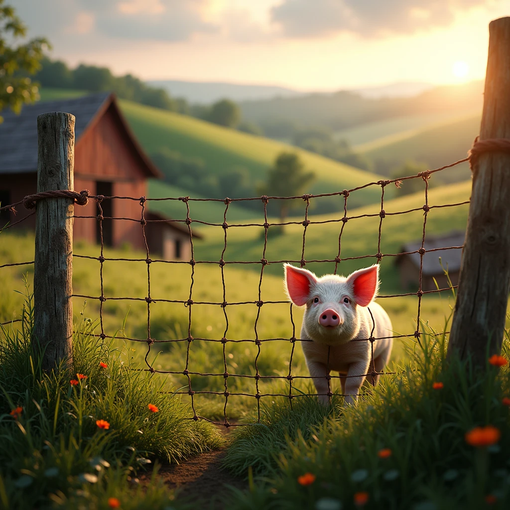 a wire mesh fence with a pig in the background on a farm, ultra realistic, 32k, 