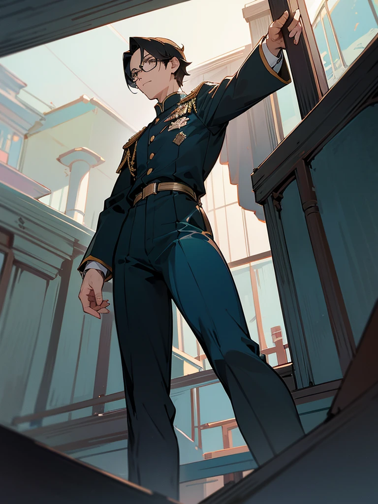 A young man with dark hair and glasses、uniform、Looking up at a high platform from below。Back view、Handsome、tall,High resolution, masterpiece, Anime Style,