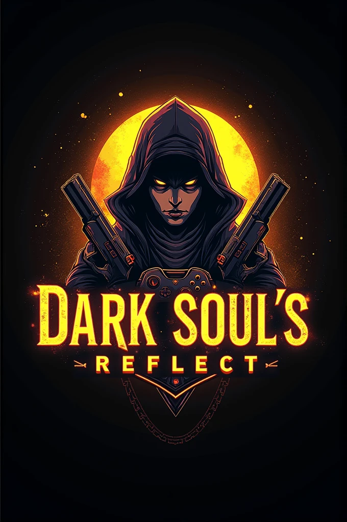 This is a gaming logo that features the name "DARK SOUL'S REFLECT" in a futuristic font and a neon Golden color. and Boy gangster Anime avtar, The logo also has a stylized guns and  controller icon. The logo is designed to be attractive and eye-catching, and to appeal to gaming enthusiasts 
