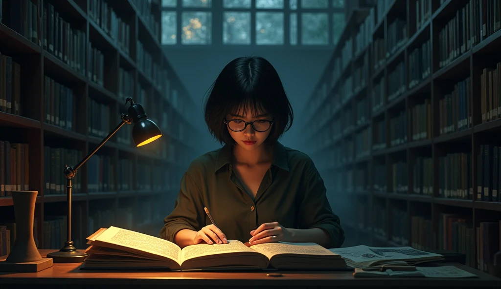 Dim, ambient lighting with shadowy corners, university library bookshelves filled with books, an Asian short black hair woman wearing glasses sitting behind a desk, The ancient tome with mysterious symbols and unsettling illustrations, late evening, twilight sun