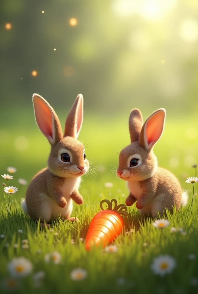 Hazel the male rabbit and Thistle the female Rabbit find a shining carrot half-buried in the grass from a far along the distance