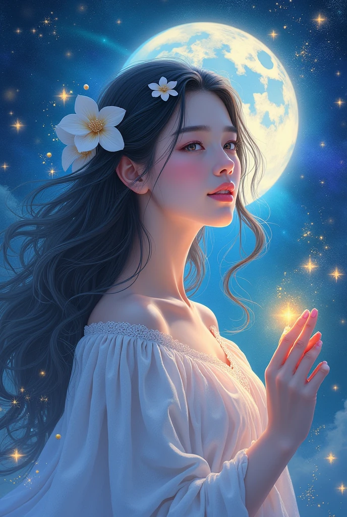 
(sun, moon, and stars, Night sky), (Masterpiece, best quality, best quality, official art, Beautiful and handsome: 1.2), (1 fullbody girl inside), ((A walking stick, Buddha&#39;s Light, ion current, Aurora)), very detail, (fractal art: 1.3), Colorful, most detailed, (Posture while moving: 1.4), Beautiful and smooth face with details, Beautiful and delicate eyes with details, Very fine definition of eyes, (symmetrical eyes: 1.3), ((natural smile)), floral fragrance, hair, Goddess Image