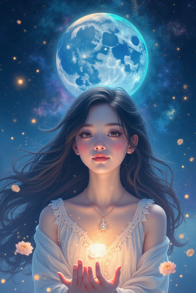 Girl looking at the sky, personagem colocada em perfil de lado, olhando para uma estrela grande