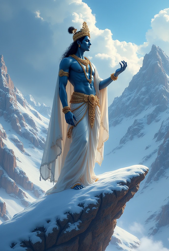 Lord Krishna holding icey mountain on his one finger