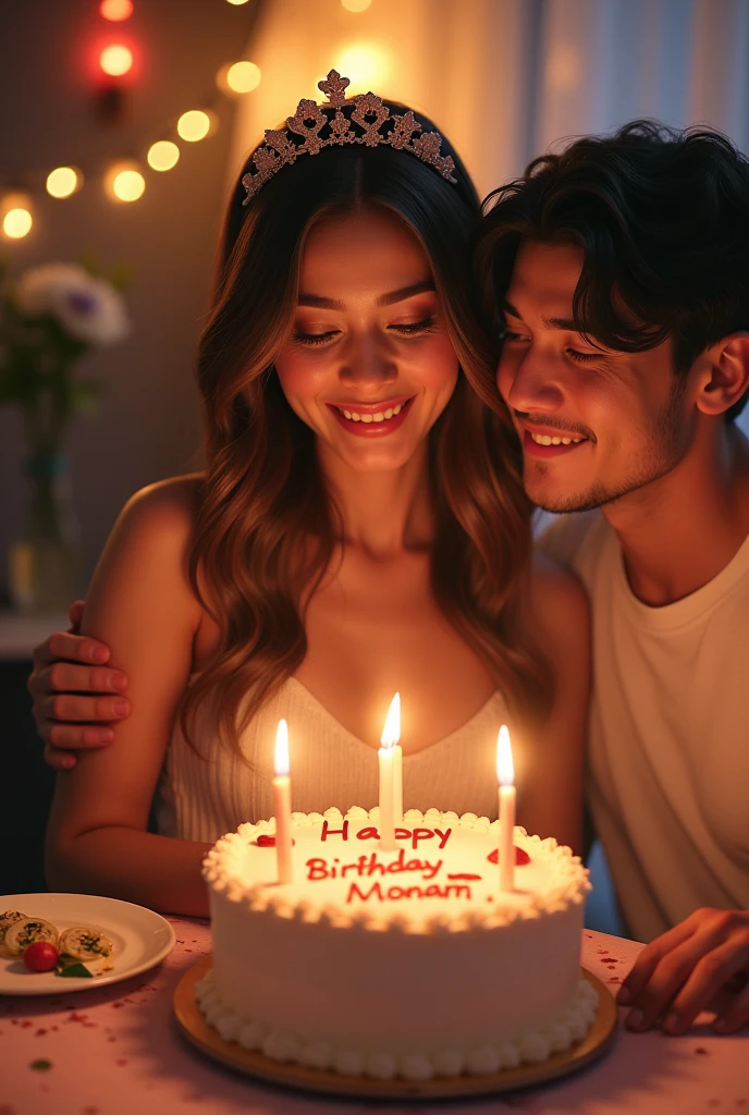 a beautiful adult girl wearing a crown celebrating her birthday holding her boyfriend hand cutting a cake over which Happy Birthday Monam is written