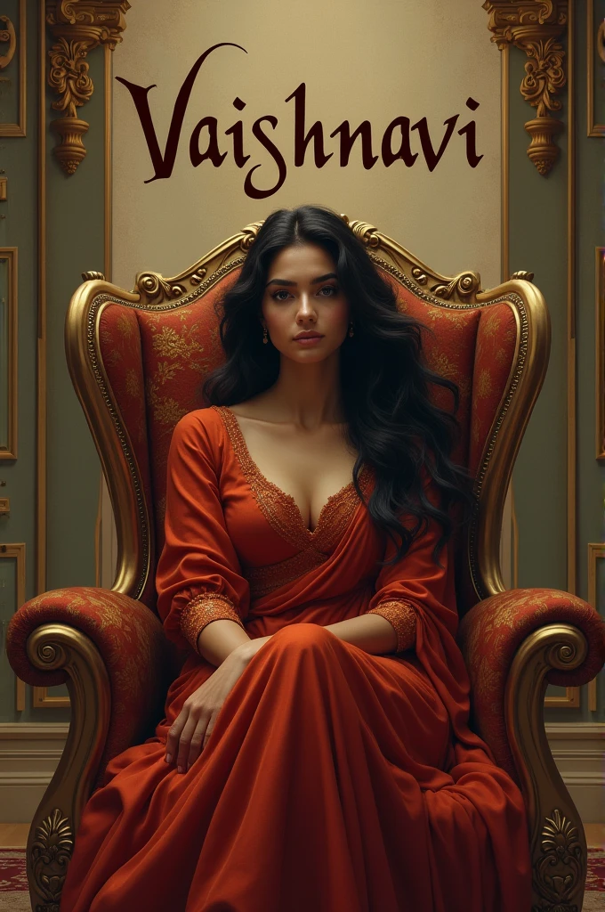 A gorgeous young girl sitting in a big chair and behind the wall written "Vaishnavi"