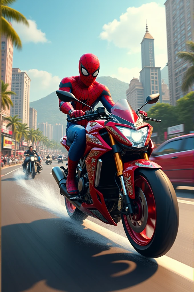 Spider Man in India with motor bike riding in highway