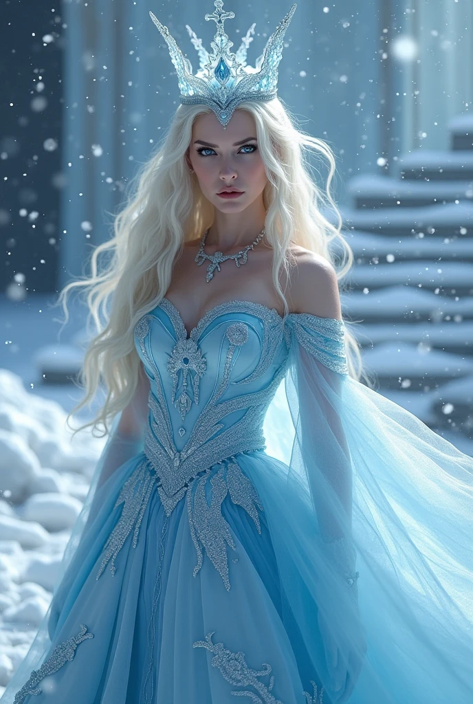 Snow Queen，Ice blue skirt，Small Queen&#39;s Crown，Long blond hair，Sha blue eyes，anger，Ice Palace Stairs Background，Unleash Blizzard Magic,Extremely high resolution,Full body portrait,Upper Body,close up