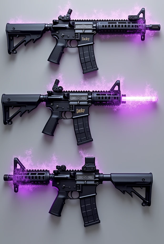 Here is a detailed description of creating a realistic M4A1 image with a custom design.:

---

**Image Description:**

The image shows a realistic M4A1 with a modern and robust design., displaying a matte black finish, which gives a sleek and stealthy appearance. the name "Lucky" is engraved along the body of the weapon, located near the buttstock or magazine. The inscription "Lucky" is highlighted in an elegant and eye-catching font, shining in a metallic tone, like gold or silver, to contrast with the dark background of the weapon.

To add a single touch, purple fire effects run down the barrel and body of the gun, manifesting as stylized flames or sparks of energy. These effects have an ethereal and vibrant appearance., with shadows and reflections that suggest movement and power, creating a dynamic look. The purple flames look almost supernatural, adding an air of mystery and power to the M4A1&#39;s design.

--- This description captures the essence of a modern, custom M4A1 design, with stunning visual elements that highlight the weapon. create this image showing the entire weapon