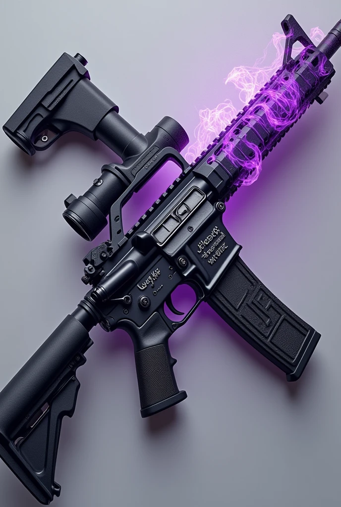 Here is a detailed description of creating a realistic M4A1 image with a custom design.:
---
**Image Description:**
The image shows a realistic M4A1 with a modern and robust design., displaying a matte black finish, which gives a sleek and stealthy appearance. the name "Lucky" is engraved along the body of the weapon, located near the buttstock or magazine. The inscription "Lucky" is highlighted in an elegant and eye-catching font, shining in a metallic tone, like gold or silver, to contrast with the dark background of the weapon.
To add a single touch, purple fire effects run down the barrel and body of the gun, manifesting as stylized flames or sparks of energy. These effects have an ethereal and vibrant appearance., with shadows and reflections that suggest movement and power, creating a dynamic look. The purple flames look almost supernatural, adding an air of mystery and power to the M4A1's design.
--- This description captures the essence of a modern, custom M4A1 design, with stunning visual elements that highlight the weapon. create this image showing the entire weapon