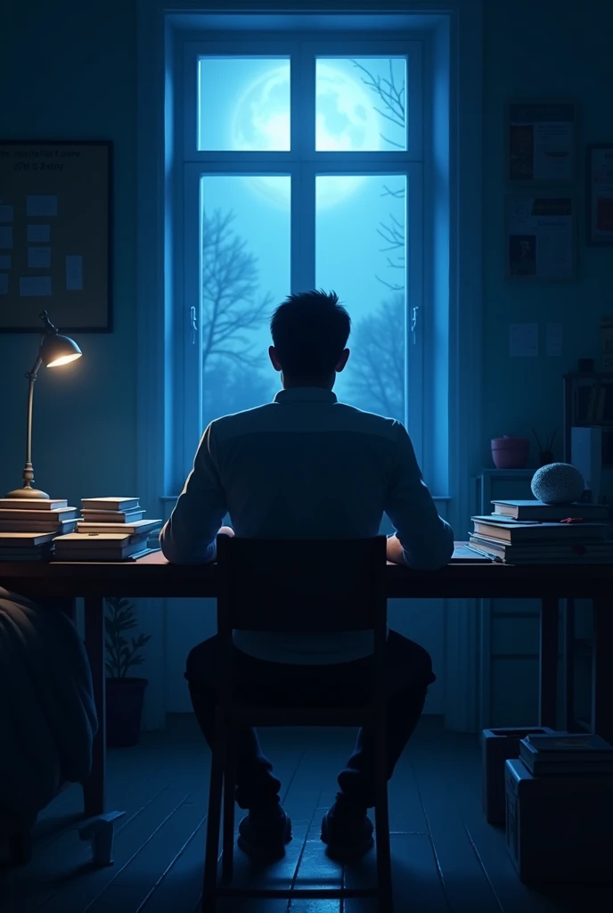 Bedroom, window light come from blue moon in room table with lot of books and notes notice board in the wall behind the table return no destruction only focus and adult man back side full shadow  body shadow dreaming to achieve great things 