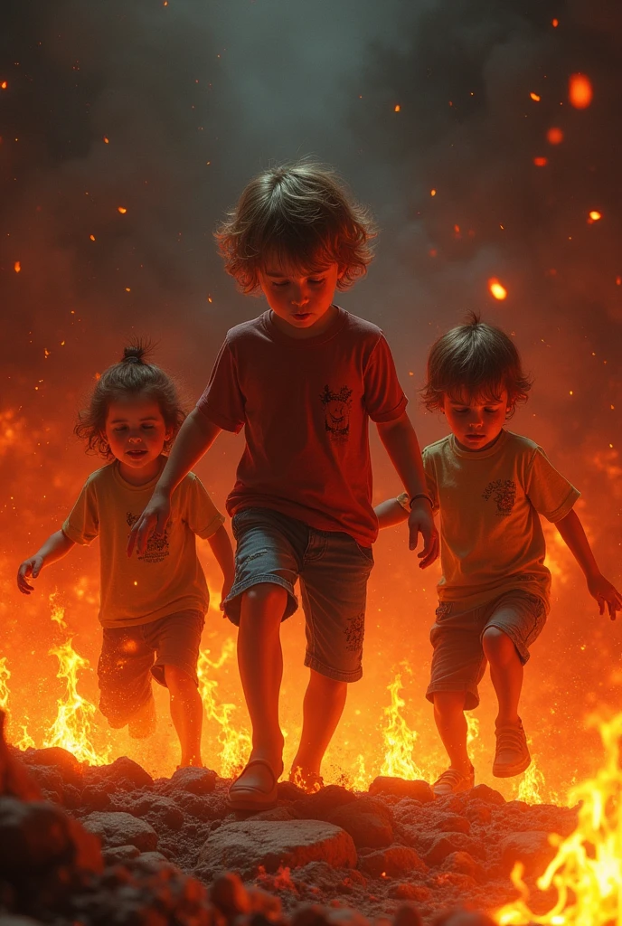 Une image effrayante dans lequel trois petits enfants sont dans le feu et embraser pas le feu de l'enfer total de la tête jusqu'au pied
