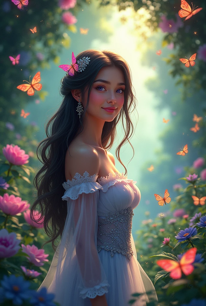 Secret Garden、Lots of colorful butterflies々is flying、One person, solo, Long Hair, smile, High resolution, masterpiece, Anatomically correct, 最高quality, detail, 高いdetail, 高quality, quality, Very detailed, とてもLong Hair, Large Breasts, Earrings, Purple eyes, Ultra Wide Angle, accessories, Sparkle Effect, Illustration, Anime Style, Digital Art, ((Duchess))
