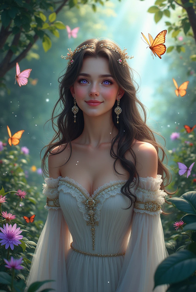  Secret Garden、Lots of colorful butterflies々is flying、One person, solo, Long Hair, smile, High resolution, masterpiece, Anatomically correct, 最高quality, detail, 高いdetail, 高quality, quality, Very detailed, とてもLong Hair, Large Breasts, Earrings, Purple eyes, Ultra Wide Angle, accessories, Sparkle Effect, Illustration, Anime Style, Digital Art, ((Duchess))