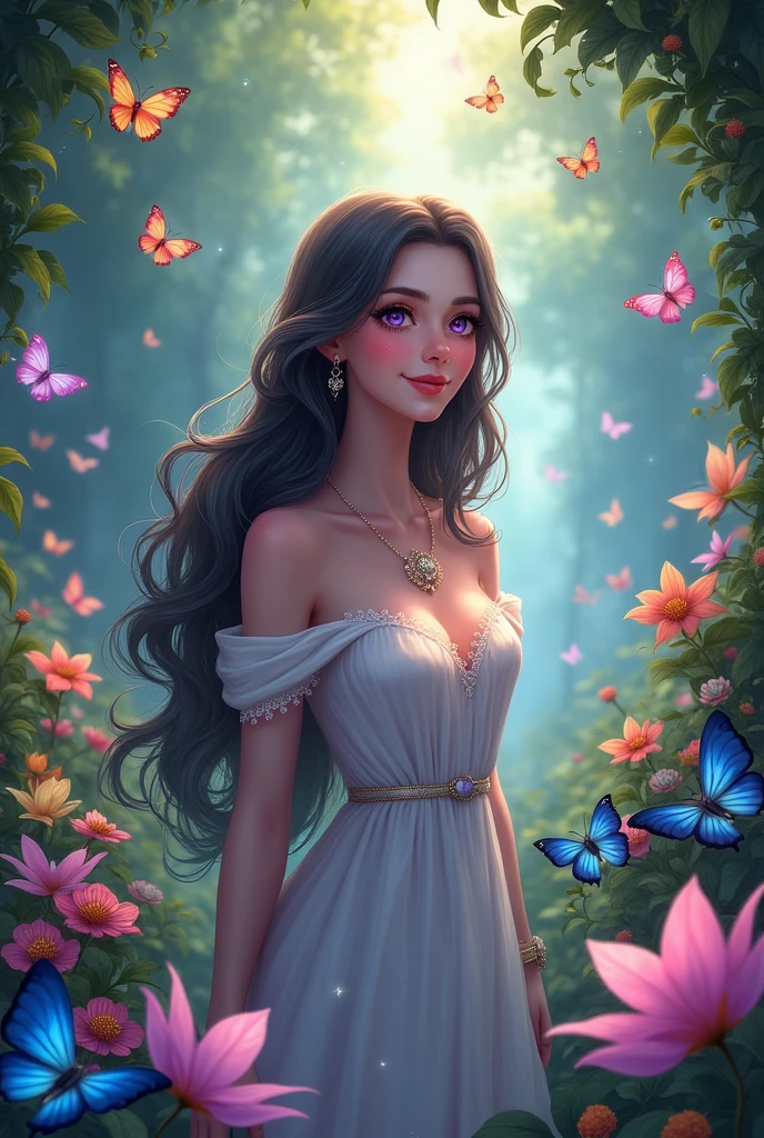  Secret Garden、Lots of colorful butterflies々is flying、One person, solo, Long Hair, smile, High resolution, masterpiece, Anatomically correct, 最高quality, detail, 高いdetail, 高quality, quality, Very detailed, とてもLong Hair, Large Breasts, Earrings, Purple eyes, Ultra Wide Angle, accessories, Sparkle Effect, Illustration, Anime Style, Digital Art, ((Duchess))