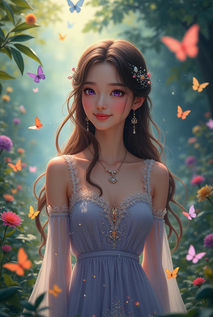 Secret Garden、Lots of colorful butterflies々is flying、One person, solo, Long Hair, smile, High resolution, masterpiece, Anatomically correct, 最高quality, detail, 高いdetail, 高quality, quality, Very detailed, とてもLong Hair, Large Breasts, Earrings, Purple eyes, Ultra Wide Angle, accessories, Sparkle Effect, Illustration, Anime Style, Digital Art, ((Duchess))