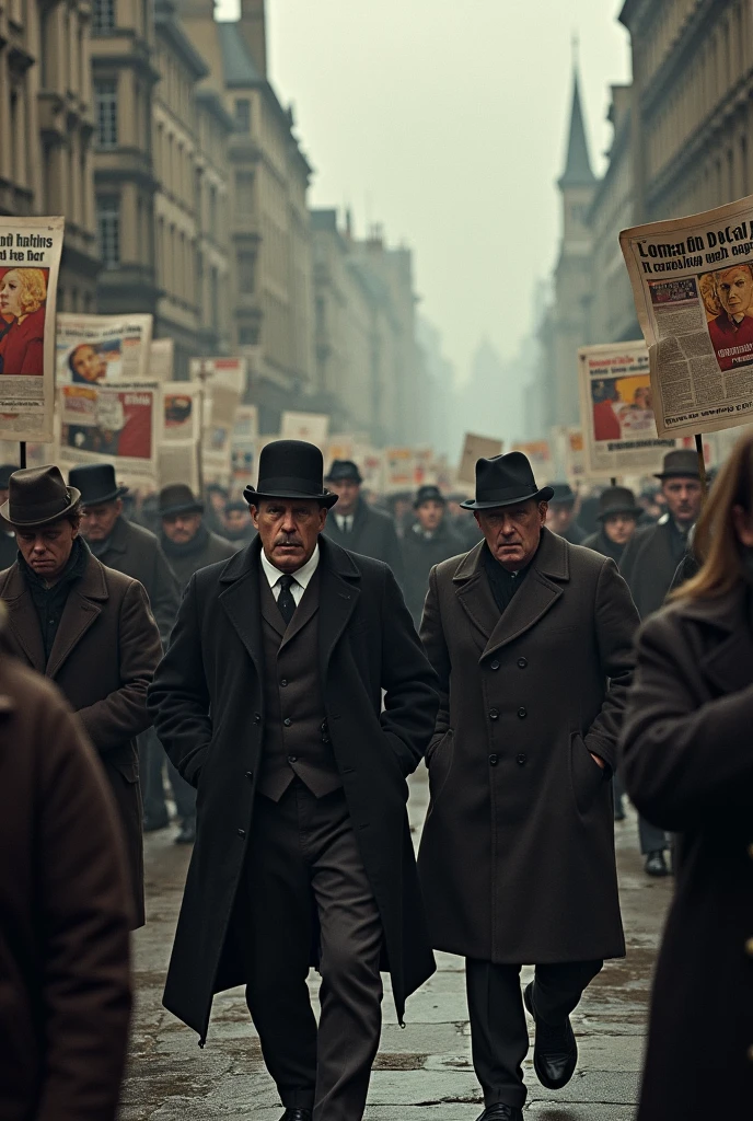 1912 London; Scared people walking around the city(masterpiece, best quality); newspapers with war news!