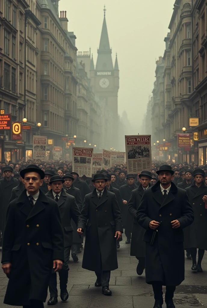 1912 London; Scared people walking around the city(masterpiece, best quality); newspapers with war news!