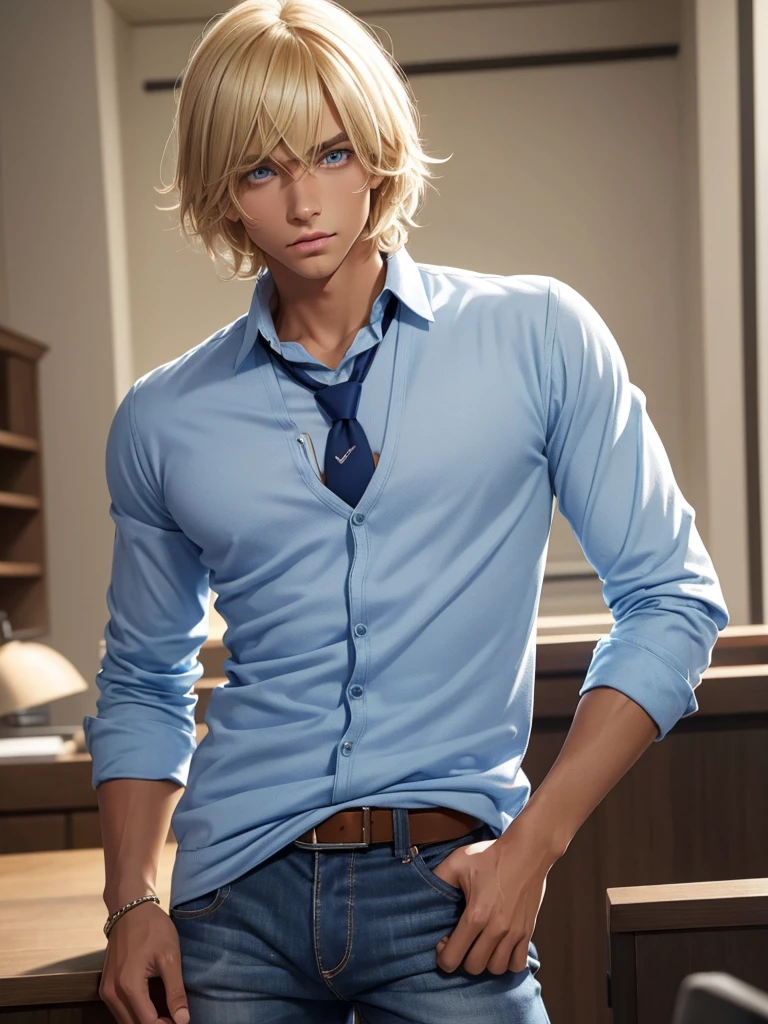 (best quality), 1boy, male, tanned skin, blonde hair, medium hair, side bangs, beautiful hairstyle, blue eyes, perfect eyes, cute face, pullover over shirt, shirt with tie, jeans, skinny body, pout, boyish, femboy, masterpiece, anatomically correct, highres