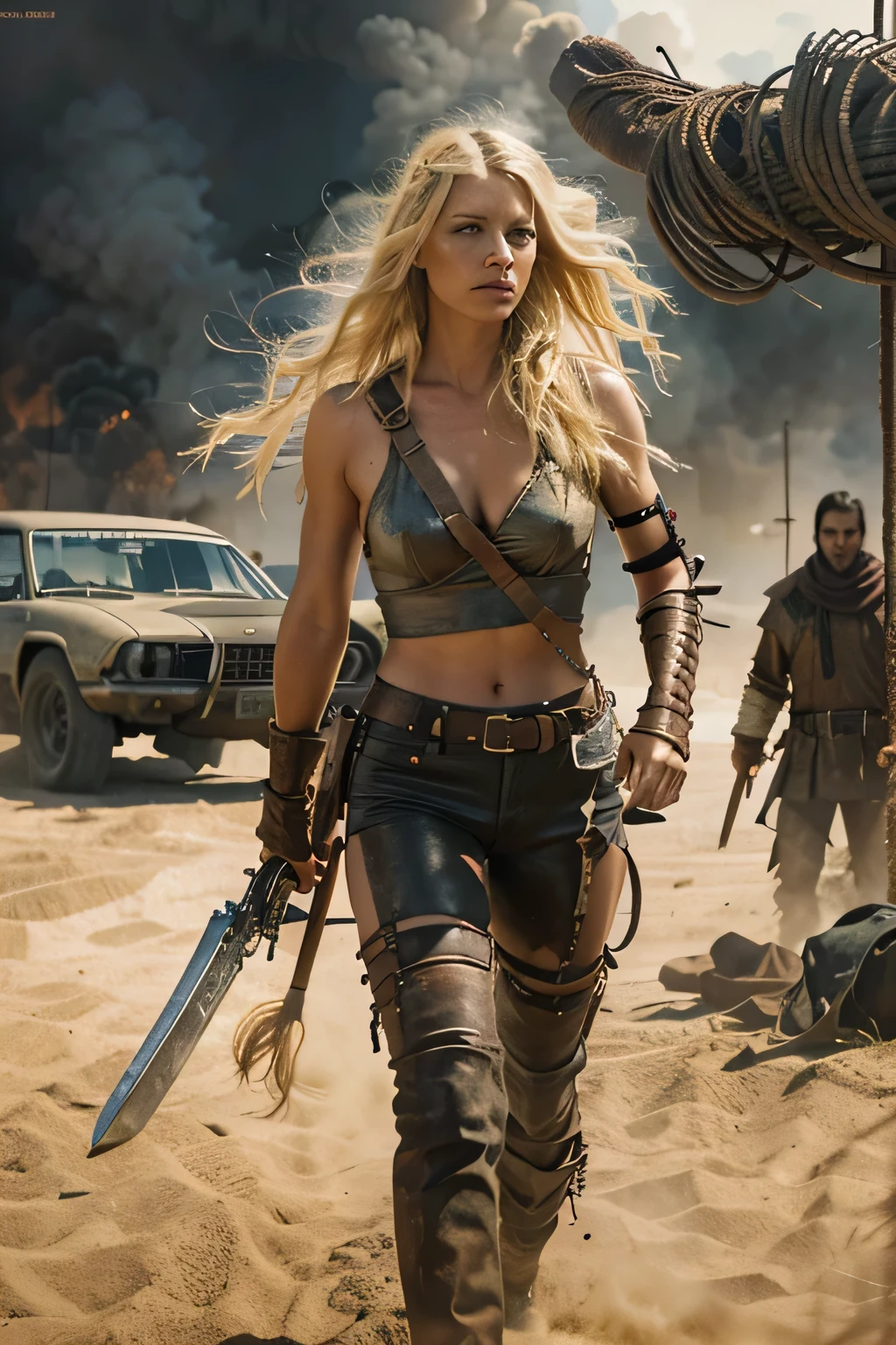 Photorealism, Mad max aesthetic, even bright natural lighting, beautiful woman battling male marauder, action, movement, long blonde hair, fierce, road warrior, fight scene,