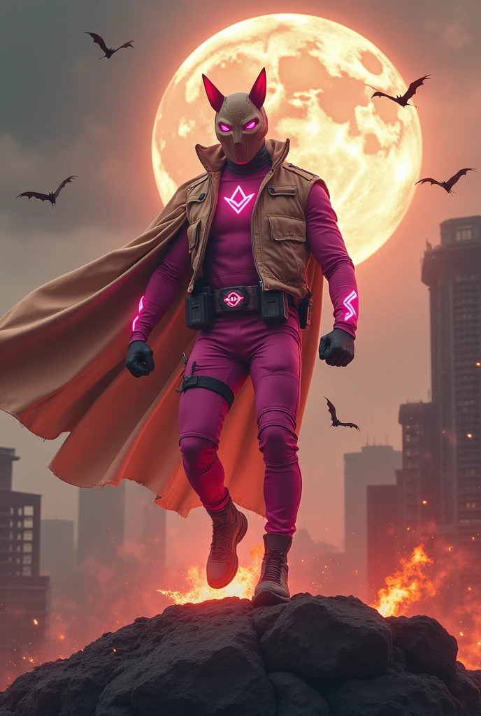 Malaysia man in high-tech suit, vivid effects, malaysian superhero(( (KELUANG MAN)) in a striking pink and brown beige costume cyberpunk design((, mask small mini bat ear beige,))(( daredevil batman mask biege))jumpsuit dark pink stands confidently in a dramatic.jumping from high place.hero costume.one hand rise up. (Big triangle logo on the chest.high detail Punisher logo on the chest)). jumping from hight place. Fighting pose , stormy landscape. ((Head covered node guard like batman.)) Running pose , athletic body type, small mini ear bat mask))The character wears domino mask a helmet with pointed mini torn ears and a flowing cape biege, open nose and mouth. Equipped with visible futuristic weapons on a belt,bullet proof jacket pink dark day.show fingers pose, dark night, big supermoon effect . Small logo on chest triangle shape small ((mitch gerads punisher ))logo center triangle cyber logo center on chest pink logo mini logo Casey Jones mask on the logo on chest. )). rocky. Building top.smoke ground , bomb effect background, losse pants, losses costume.adding to --ar 3:4 --style raw --stylize 500 --v 6.1. chaos. Lot of small flying bat. Hand glove. One leg on the high stone. Man. Backpack . Real man age 40 year old. One hand holding belt. Jump from high place. Open cape.two hand holding pistol.