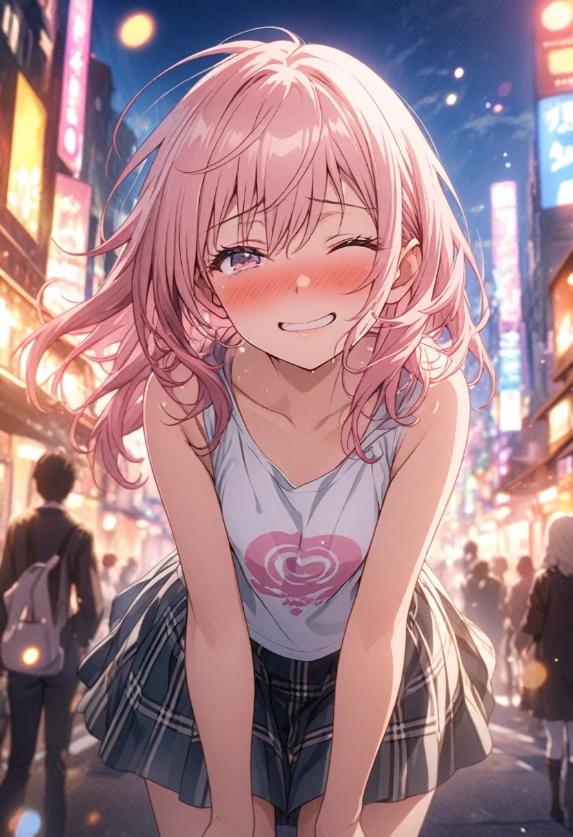 masterpiece, Highest quality, Highly detailed CG Unity 8K wallpapers, High School Girl Anime Illustration, Red and black checked skirt, An oversized tank top that reaches up to the knees、piece sign、she has her eyes closed and mouth open, smile. The background is a realistic city, Pink Hair Color, Pink Eyes, Pink eyelashes, Cowboy Shot, morning, bokeh photography, (soft focus):1.2, out-of-focus highlights, dreamy ambiance, glowing circles, mesmerizing depth、(embarrassed,blush:1.3)、 nose blush